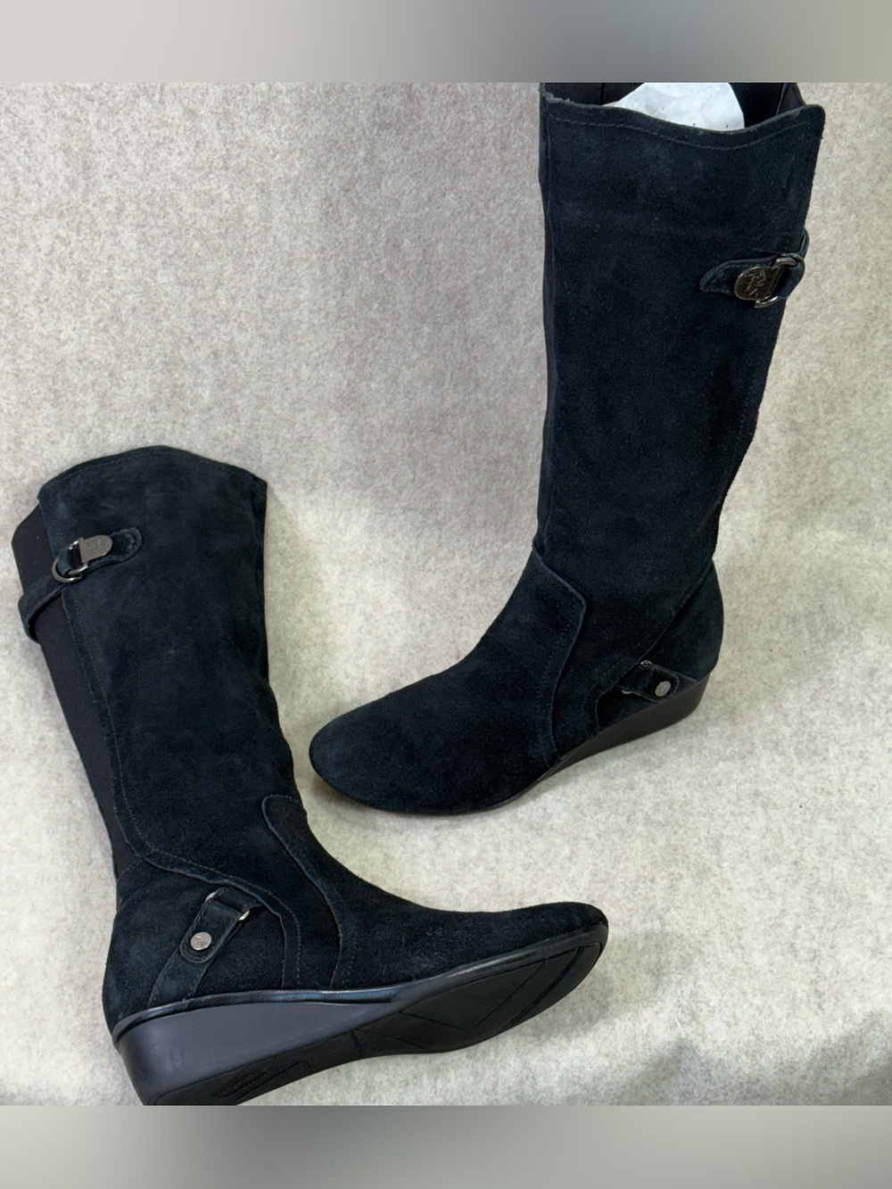 Anne Klein Black Suede Knee-High Women's Boots with Wedge Heel Sz 8.5M